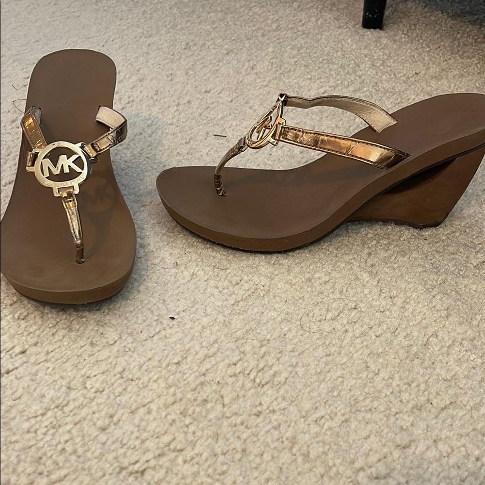 Michael Kors Gold Brown Wedge Sandals with Metallic Accents